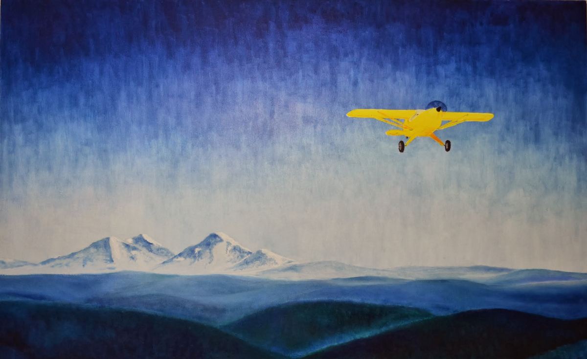 Gemälde «Gelbes Flugzeug» über einer Berglandschaft